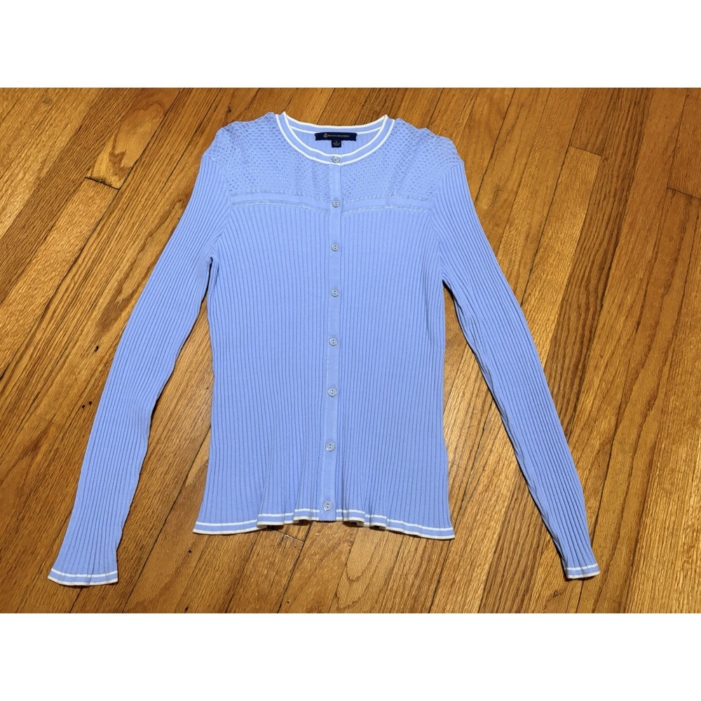 Brooks Brothers Cardigan Sweater size Large Blue And White Rib Knit